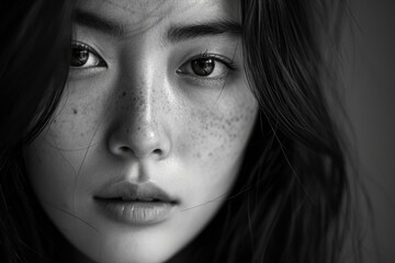 Fototapeta premium A detailed view of a woman's face with freckles. This image can be used to represent natural beauty or diversity