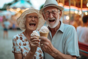 Elderly Couple Enjoying Ice Cream, Laughter, And Amusement Park Festivities