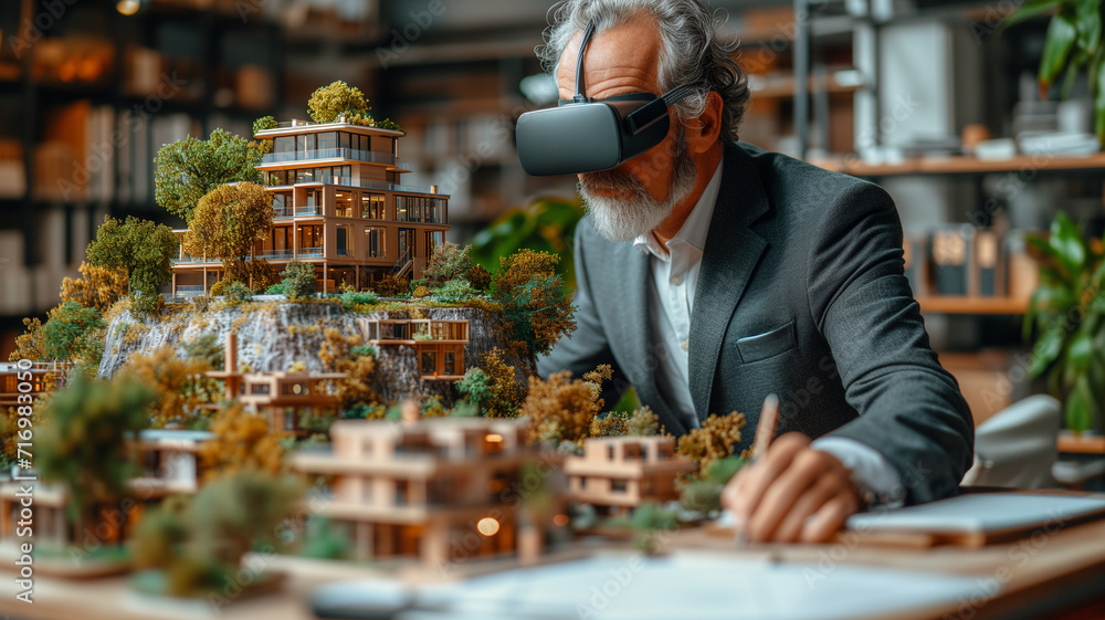 Poster businessman wearing virtual reality goggles. businessman using vr to design or interact with a 3d mo