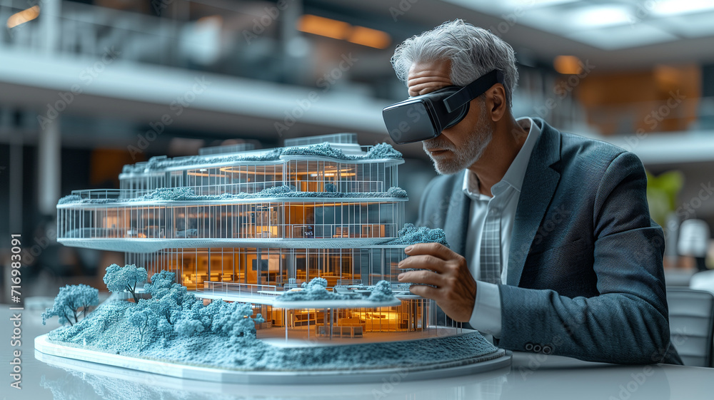 Poster businessman wearing virtual reality goggles. businessman using vr to design or interact with a 3d mo