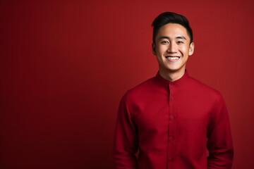 Obraz premium portrait of a man wearing red Chinese clothing to commemorate Chinese New Year with generative ai