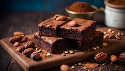 Chocolate brownies with nuts on a wooden board