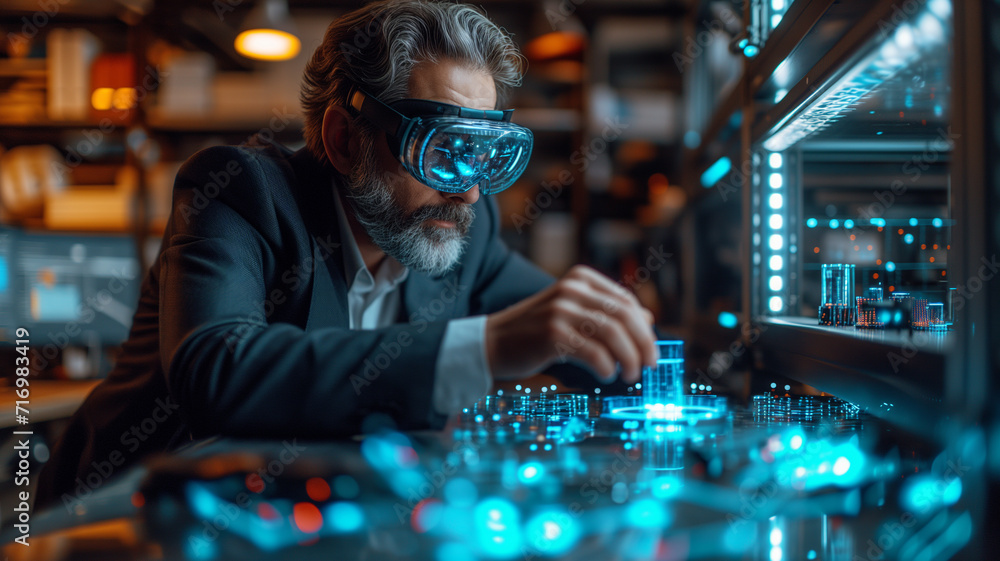 Poster businessman wearing virtual reality goggles. businessman using vr to design or interact with a 3d mo