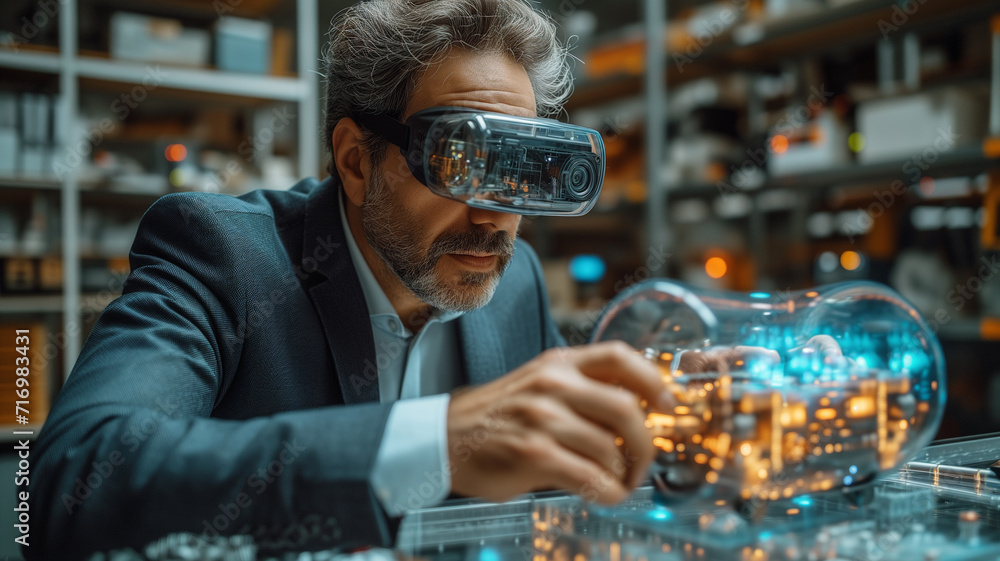 Poster businessman wearing virtual reality goggles. businessman using vr to design or interact with a 3d mo
