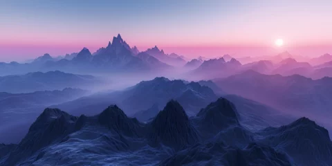 Foto op Canvas 3d render. Fantasy landscape of black rocky mountains under the sunset sky. Abstract panoramic background, generative ai © Saleem