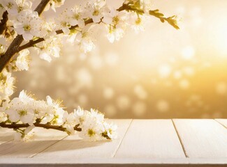 White flowers branches on wooden background with copy space