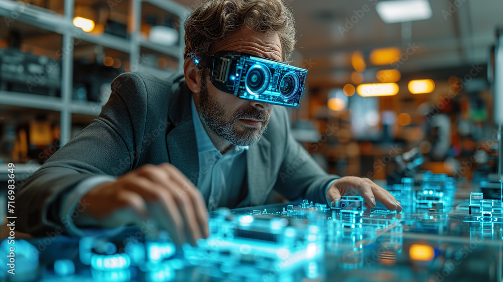 Poster businessman wearing virtual reality goggles. businessman using vr to design or interact with a 3d mo