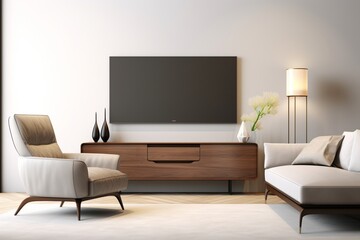 Cabinet TV in a modern living room with an armchair against a white wall, creating a luxurious and inviting backdrop - obrazy, fototapety, plakaty