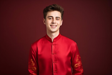 Obraz premium portrait of a man wearing red Chinese clothing to commemorate Chinese New Year with generative ai