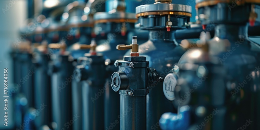 Poster a row of blue fire hydrants lined up next to each other. this image can be used to illustrate fire s