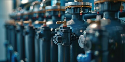 A row of blue fire hydrants lined up next to each other. This image can be used to illustrate fire safety or urban infrastructure