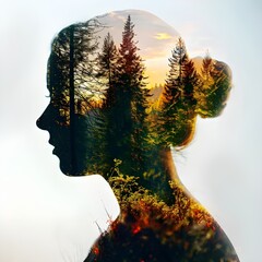 Intriguing double exposure photography merges a close-up traveler with the tranquil embrace of a forest, capturing the essence of exploration.