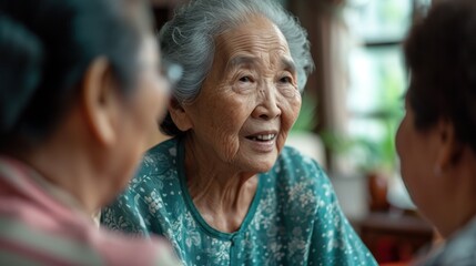 Asian seniors talking with their Friends in nursing home, shot on sony a7iv, sigma 50mm, f1.8,...