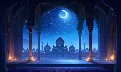 ramadan kareem vector background with mosques and minarets to the holiday Mubarak - obrazy, fototapety, plakaty