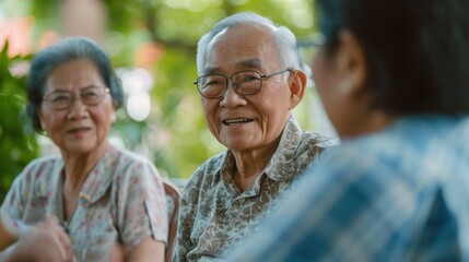 Asian seniors talking with their Friends in nursing home, shot on sony a7iv, sigma 50mm, f1.8, sharp focus --ar 16:9 --v 6 Job ID: 1b5d28c5-6500-49c4-a11e-5fc58231801a