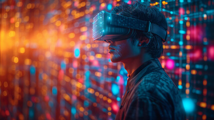 Young man wearing virtual reality goggles in a cyber space. Future technology concept.