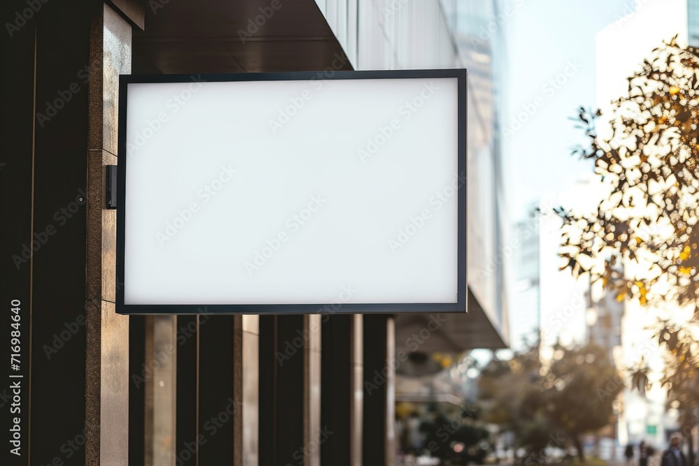 Poster a blank sign hanging from the side of a building. can be used for various purposes