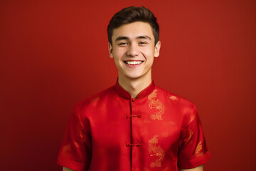 Obraz premium portrait of a man wearing red Chinese clothing to commemorate Chinese New Year with generative ai