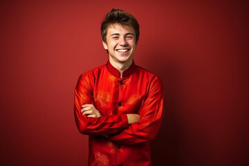 Obraz premium portrait of a man wearing red Chinese clothing to commemorate Chinese New Year with generative ai