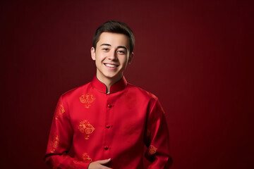 Fototapeta premium portrait of a man wearing red Chinese clothing to commemorate Chinese New Year with generative ai
