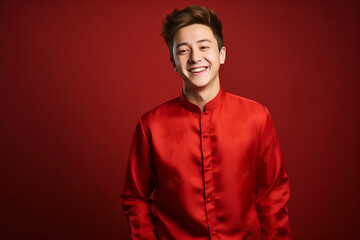 Obraz premium portrait of a man wearing red Chinese clothing to commemorate Chinese New Year with generative ai