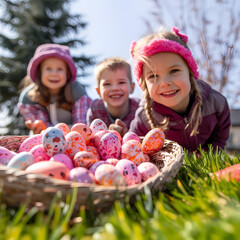 Fototapeta na wymiar children playing with easter eggs
