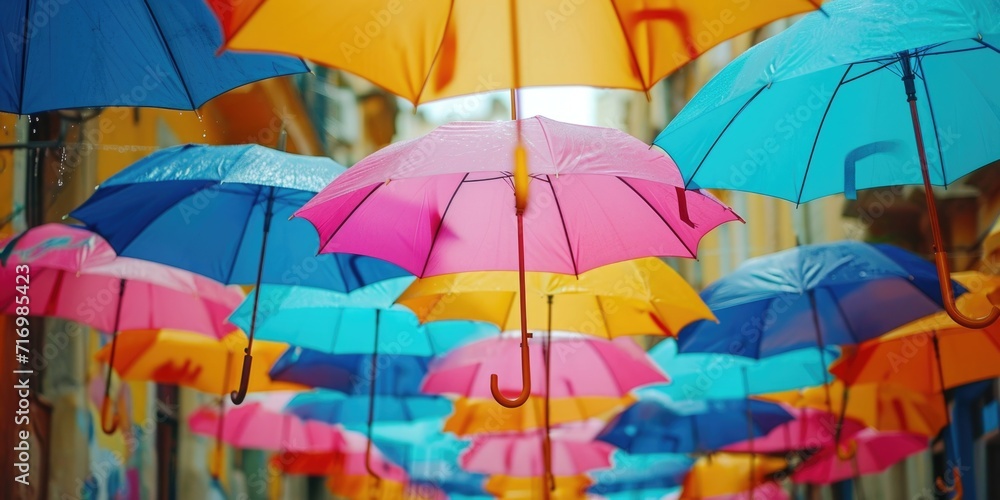 Poster colorful umbrellas hanging from the ceiling. can be used for decoration or as a unique photo backdro