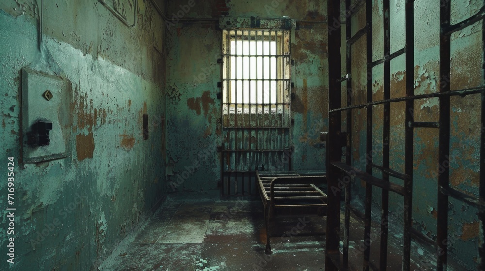 Poster a picture of a jail cell with bars and a window. this image can be used to depict incarceration, con