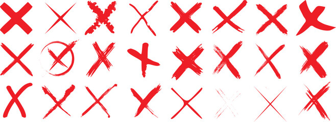 Red Cross Marks Vector Set, Error Icons, Decline Symbols, Cancel Buttons. Hand-drawn, Geometric Rejection Signs for Web Design, Apps on White Background