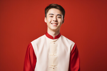 Obraz premium portrait of a man wearing red Chinese clothing to commemorate Chinese New Year with generative ai