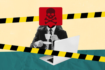 Creative collage picture of black white colors elegant man danger notification instead head drink...