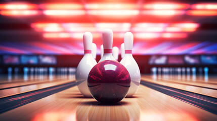 Bowling ball and pins on the bowling alley. 3d rendering - obrazy, fototapety, plakaty