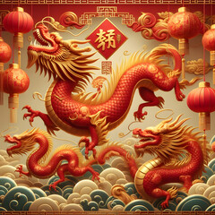 Fototapeta premium Chinese happy New Year of the wood dragon Chinese Zodiac 3d illustration background