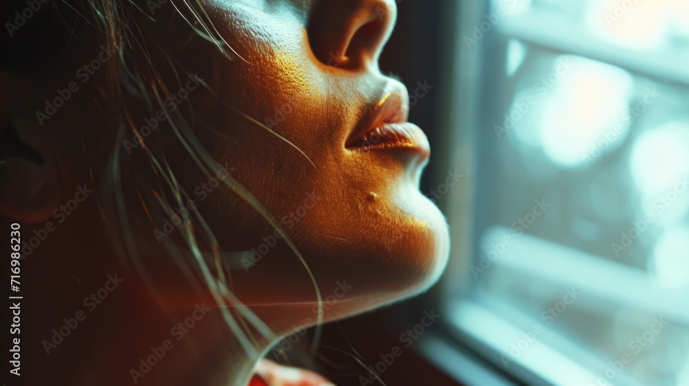 Poster a close-up view of a person looking out a window. this image can be used to depict curiosity, contem