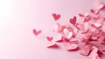 Paper hearts folded in 3D on a pink background.