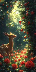 A beautiful deer under an apple tree. painting picture.