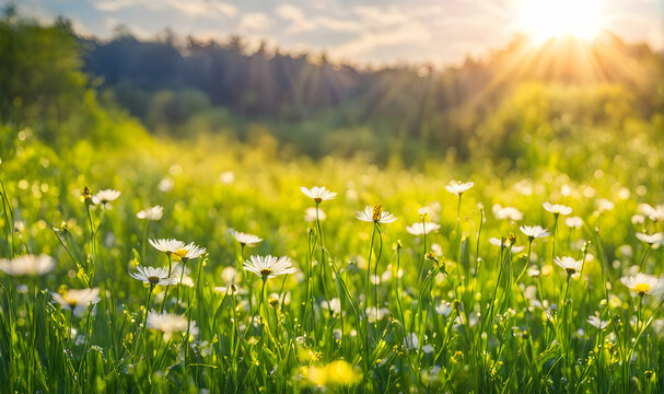 Sunny spring field: Vibrant camomile flowers under the sun