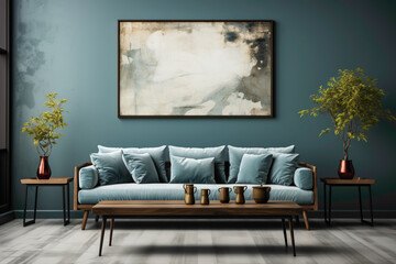 Immerse yourself in the serenity of a living room adorned with a soft color dark blue sofa and a chic table, framed against an empty canvas for your text.