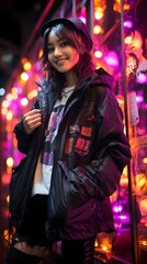 Fototapeta na wymiar A Japanese girl with a radiant smile, dressed in a black bomber jacket, ripped jeans, and boots, poses against a solid purple background with floating neon lights