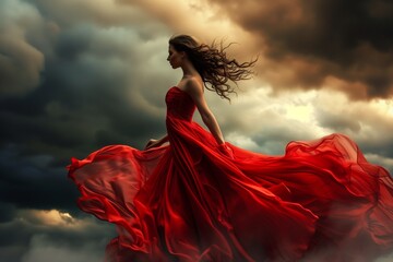 Elegant Woman Twirls In Red Dress Against Dramatic Stormy Sky