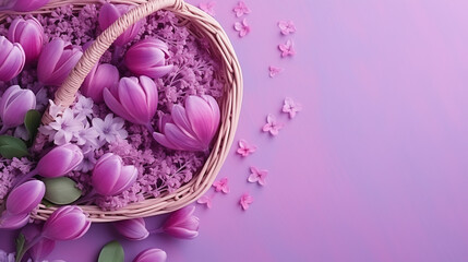 A delicate basket overflowing with vibrant hues of lilac, pink, and magenta blossoms and leaves, evoking a sense of springtime serenity and natural beauty
