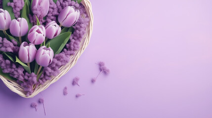 Amidst a springtime garden, a woven basket overflows with a vibrant array of lilac, lavender, and violet flowers, their delicate petals blooming in the warm sun