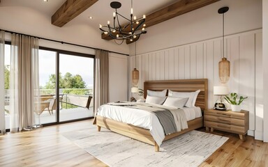 modern bedroom with lining wall and beam ceiling. Farmhouse interior design.