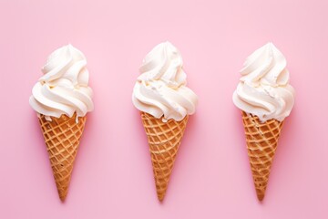 Sweet Treats: Vibrant Ice Cream Waffle Cones Against A Pastel Pink Backdrop