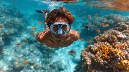 man snorkeling in crystal clear tropical sea