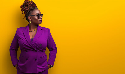 Elegant Woman in Plum Blazer with Beaded Hairstyle, Sunshine Yellow Background