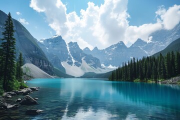 Scenic View Of Serene Lake Surrounded By Majestic Mountains