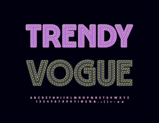 Obraz premium Vector stylish banner Trendy Vogue. Violet denim Font. Creative textile Alphabet Letters, Numbers and Symbols set.