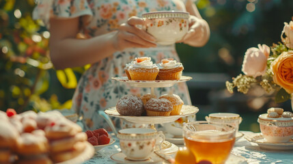  A picturesque Easter family garden tea party, with elegantly dressed family members sipping tea and enjoying delightful pastries.