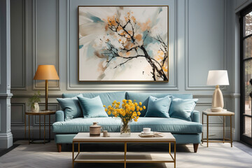 Indulge in the calming ambiance of a living room featuring a soft color blue sofa and a stylish table, set against an empty frame for your creative expressions.